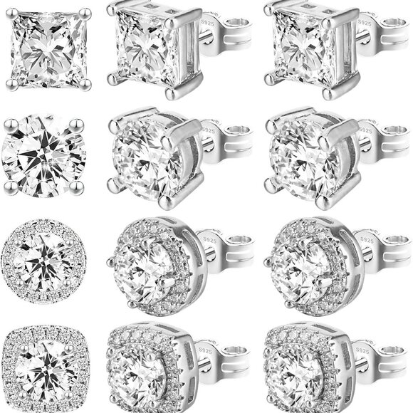 Jewelry - Unisex Silver Cubic Zirconia Square Round Stud Earrings - Water Resistant, 4 Pai